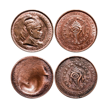 Travancore, Bronze Chuckram (2 Coins), 7.85-97g, Bala Rama Varma II, Weak Die Struck Error