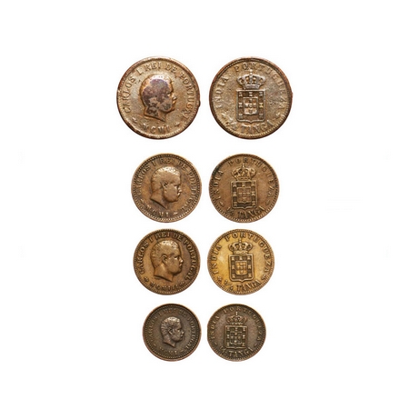 Indo Portuguese, Copper (4 Coins), D.Carlos (Colonial coinage), 1/12, 1/8, ¼, ½ Tanga / MC