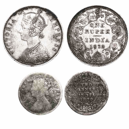 Victoria Empress, Silver, (2 coins), 1879, 1) Rupee, Bombay Mint, A3/II(iii), Dot, 2) 2 An