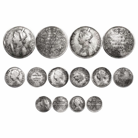 Victoria Empress, Silver, (Lot of 7 coins), 1881, 1) Rupee, Bombay Mint, A3/II(iv), Dot (e
