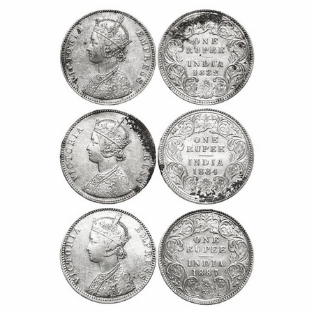 Victoria Empress, Silver, Rupee (3 coins), 1882, Bombay Mint, A3/I, Dot, Die crack on Obve