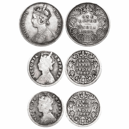 Victoria Empress, Silver, (3 coins), 1882, 1) Rupee, Calcutta Mint, A1/I, 'C' incused, 2 &