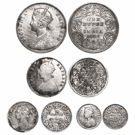 Victoria Empress, Silver, (4 coins), 1884, 1) Rupee, Bombay Mint, A3/I, 'B' raised, 2) Hal
