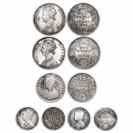 Victoria Empress, Silver, (Lot of 5 coins), 1885, 1) Rupee, Bombay Mint, A3/II(i), 'B' rai