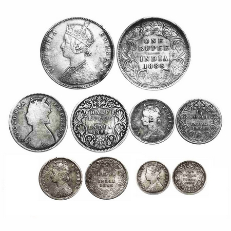 Victoria Empress, Silver, (Lot of 5 coins), 1886, 1) Rupee, Bombay Mint, C2/I(i), 'B' incu