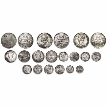 Victoria Empress, Silver, (Lot of 10 coins), 1887, 1) Rupee, Bombay Mint, C2/I(ii), 'B' in