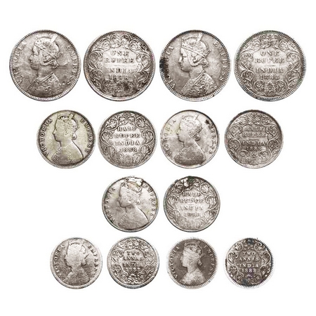 Victoria Empress, Silver, (Lot of 7 coins), 1888, 1 & 2) Rupee, Bombay Mint, C2/I(ii), 'B'