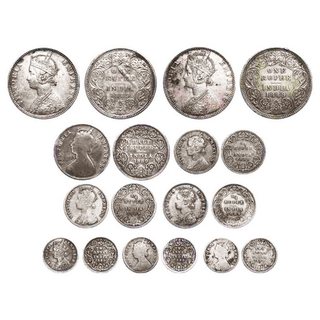 Victoria Empress, Silver (Lot of 9 coins), 1889, 1 & 2) Rupee, Bombay Mint, C2/I, 'B' incu