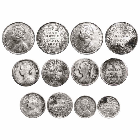 Victoria Empress, Silver, (Lot of 6 coins), 1891, 1) Rupee, Bombay Mint, C2/I, 'B' incused