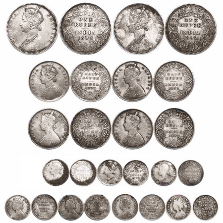 Victoria Empress, Silver, (Lot of 13 coins), 1892, 1) Rupee, Bombay Mint, C2/I, 'B' incuse