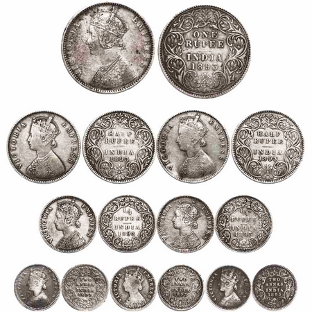 Victoria Empress, Silver, (Lot of 8 coins), 1893, 1) Rupee, Bombay Mint, C2/I(ii), 'B' inc