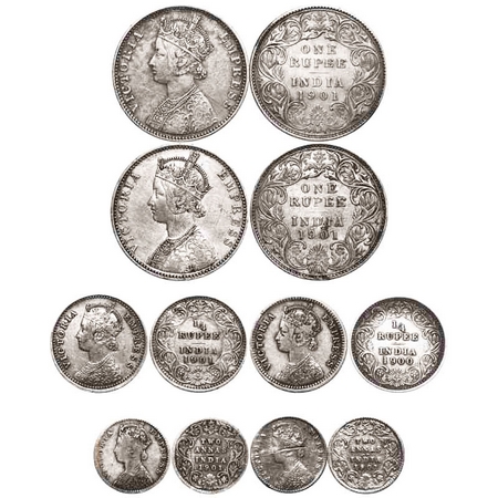 Victoria Empress, Silver, (Lot of 6 coins), 1901, 1 & 2) Rupee, Bombay Mint, A3(i)/I(ii), 