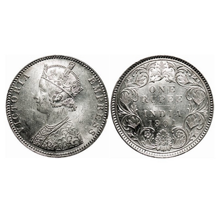 Victoria Empress, Silver, Rupee, 1901, Bombay Mint, C2/I, 'B' incused, Queens jabot has 3 