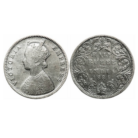 Victoria Empress, Silver, Half Rupee, Mule, 1884, Bombay Mint, A/II, w/o Mint mark, Rev si