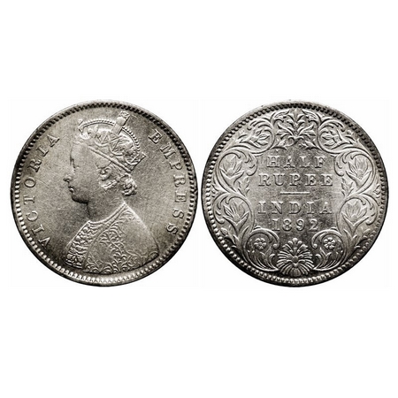 Victoria Empress, Silver, Half Rupee, 1892, Bombay Mint, A/I, 'B' incused. F. Prid 302. GK