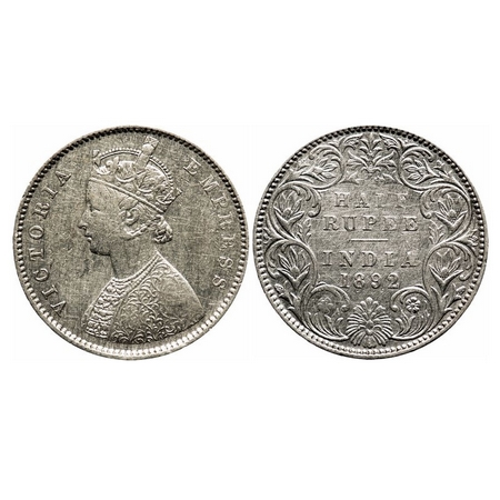 Victoria Empress, Silver, Half Rupee, 1892, Bombay Mint, A/I, 'B' incused. F. Prid 302. GK