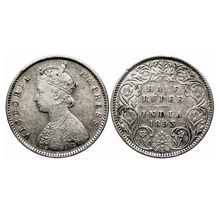 Victoria Empress, Silver, Half Rupee, 1893, Bombay Mint, A/I, 'B' incused. F. Prid 303. GK