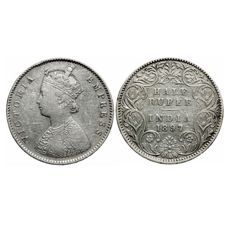 Victoria Empress, Silver, Half Rupee, 1897, Bombay Mint, A/I, 'B' incused, Traces of numer
