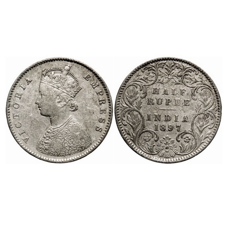 Victoria Empress, Silver, Half Rupee, 1897, Bombay Mint, A/I, 'B' incused. F. Prid 305. GK