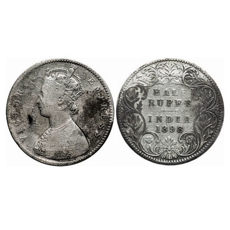 Victoria Empress, Silver, Half Rupee, 1898, Bombay Mint, A/I, 'B' incused, Traces of numer