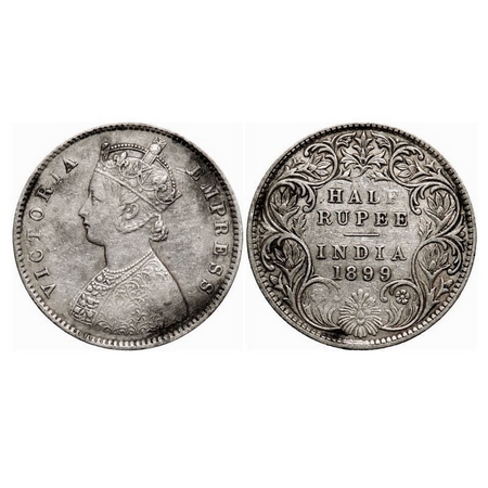 Victoria Empress, Silver, Half Rupee, 1899, Bombay Mint, A/I, 'B' incused (inverted). F. P
