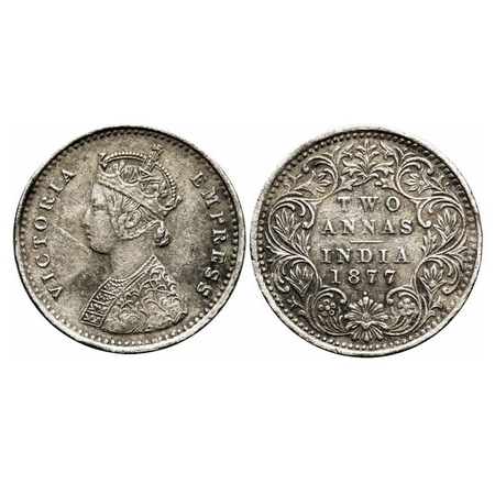Victoria Empress, Silver, 2 Annas, 1877, Bombay Mint, A/I, Dot. F. Prid 520. GK 746. Extre