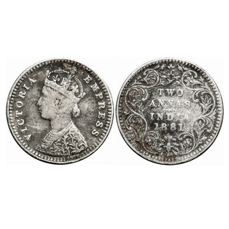Victoria Empress, Silver, 2 Annas, 1881, Bombay Mint, A/II, Dot, Minor scratches on Obv an