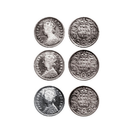 Victoria Empress, Silver, 2 Annas, (3 coins), 1) 1894, Calcutta Mint, B/II, 'C' incused, 2