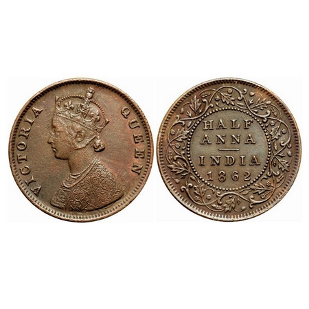 Victoria Queen, Copper, 1/2 Anna, 1862, Madras Mint, A/I(i), Flowers with five dots around