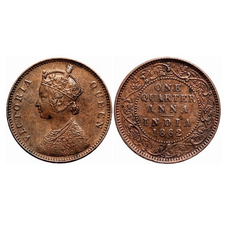 Victoria Queen, Copper, Quarter Anna, 1862, Madras Mint, A/I, No mint mark, No privy mark.