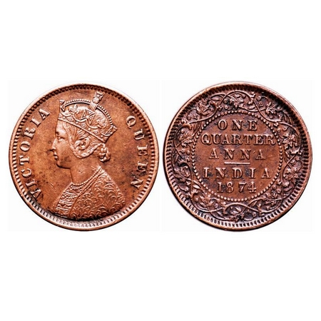 Victoria Queen, Copper, Quarter Anna, 1874, Calcutta Mint, B/II, No mint mark. F. Prid 608