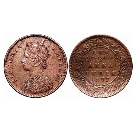 Victoria Empress, Copper, Quarter Anna, 1877, Calcutta Mint, B/II, No mint mark. F. Prid 6