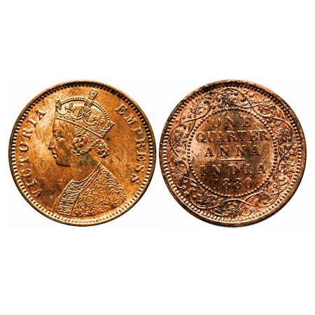 Victoria Empress, Copper, Quarter Anna, 1880, Calcutta Mint, B/II, No mint mark. F. Prid U