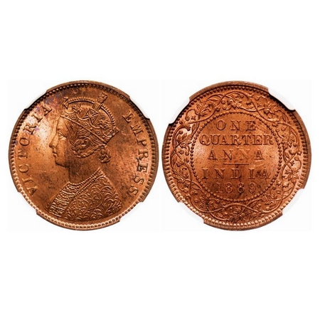 Victoria Empress, Copper, Quarter Anna, 1889, Calcutta Mint, B/II, No mint mark, Ghost on 