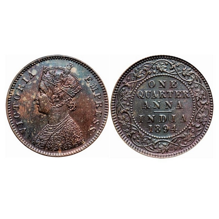 Victoria Empress, Copper, Quarter Anna, 1894, Calcutta Mint, B/II, No mint mark, Ghost on 