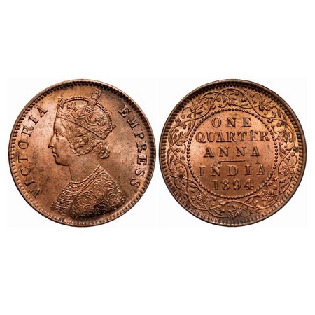 Victoria Empress, Copper, Quarter Anna, 1894, Calcutta Mint, B/II, No mint mark. F. Prid 6