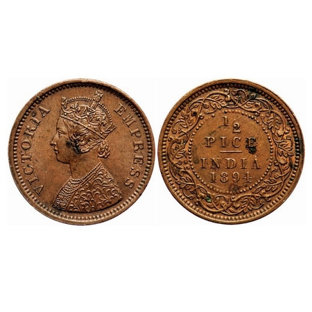Victoria Empress, Copper, 1/2 Pice, 1894, Calcutta Mint, A/I, No mint mark. F. Prid 727. G
