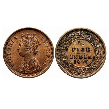 Victoria Empress, Copper, 1/2 Pice, 1895, Calcutta Mint, A/I, No mint mark. F. Prid 728. G