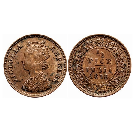 Victoria Empress, Copper, 1/2 Pice, 1898, Calcutta Mint, A/I, No mint mark, Ghost on Obv a