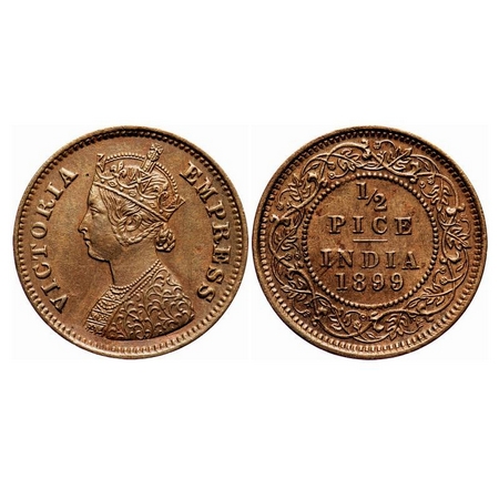 Victoria Empress, Copper, 1/2 Pice, 1899, Calcutta Mint, A/I, No mint mark, Ghost on Rev. 