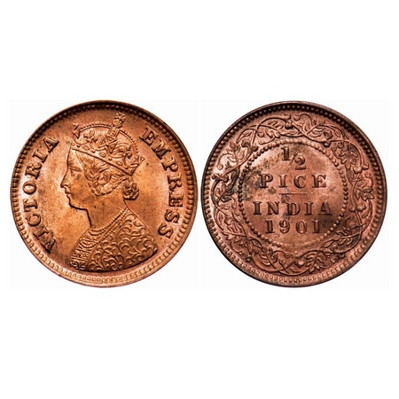 Victoria Empress, Copper, 1/2 Pice, 1901, Calcutta Mint, A/I, No mint mark. F. Prid 734. G