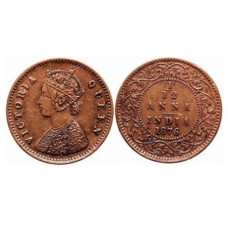 Victoria Queen, Copper, 1/12 Anna, 1876, Calcutta Mint, Obv A, No mint mark. F. Prid 785. 