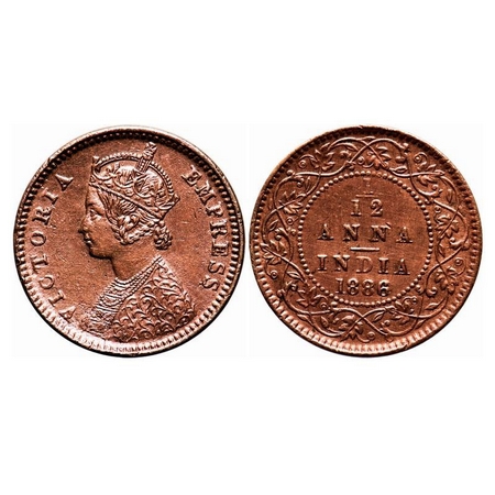 Victoria Empress, Copper, 1/12 Anna, 1886, Calcutta Mint, Obv B, 'C' incused. F. Prid 791.