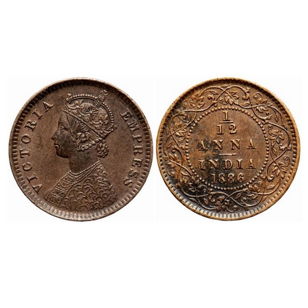 Victoria Empress, Copper, 1/12 Anna, 1886, Calcutta Mint, Obv B, No mint mark, Die cracks 