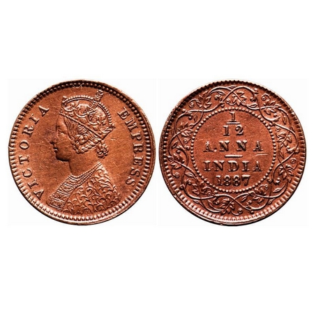 Victoria Empress, Copper, 1/12 Anna, 1887, Calcutta Mint, Obv B, 'C' incused. F. Prid 792.