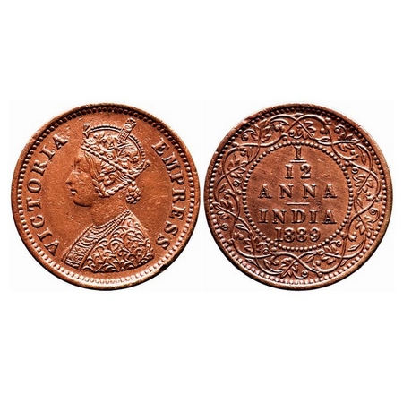 Victoria Empress, Copper, 1/12 Anna, 1889, Bombay Mint, Obv A, No mint mark. F. Prid 816. 