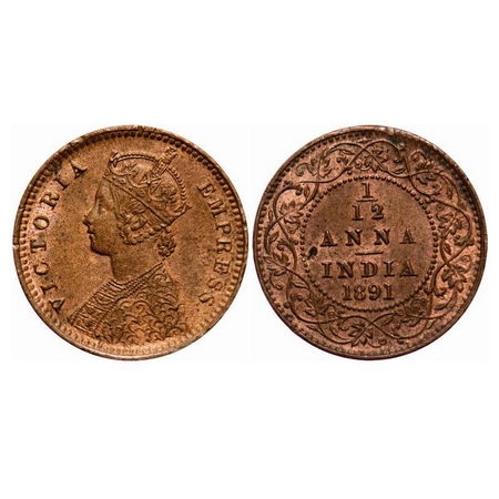 Victoria Empress, Copper, 1/12 Anna, 1891, Calcutta Mint, Obv B, No mint mark. F. Prid 796