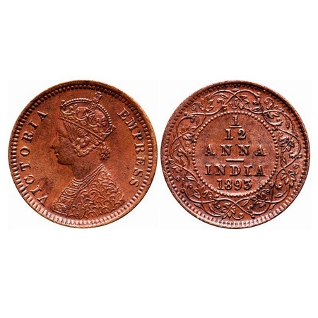 Victoria Empress, Copper, 1/12 Anna, 1893, Calcutta Mint, Obv B, No mint mark. F. Prid 798