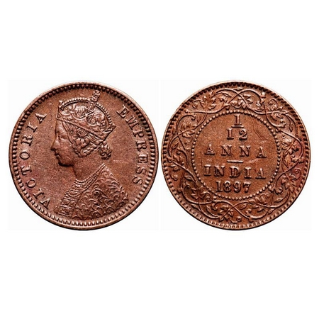 Victoria Empress, Copper, 1/12 Anna, 1897, Calcutta Mint, Obv B, No mint mark, Ghost on Re
