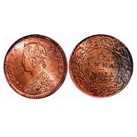 Victoria Empress, Copper, 1/12 Anna, 1897, Calcutta Mint, Obv 'B', No mint mark. F. Prid 8